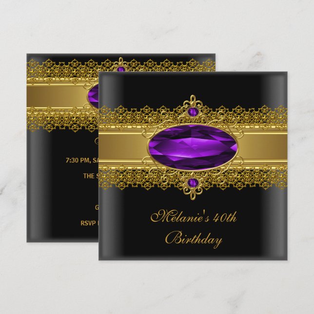 Invitation 40e anniversaire Elégante dentelle Noir pourpre Or (Devant / Derrière)