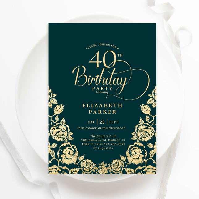 Invitation 40e anniversaire Emerald Green Roses or (Créateur téléchargé)
