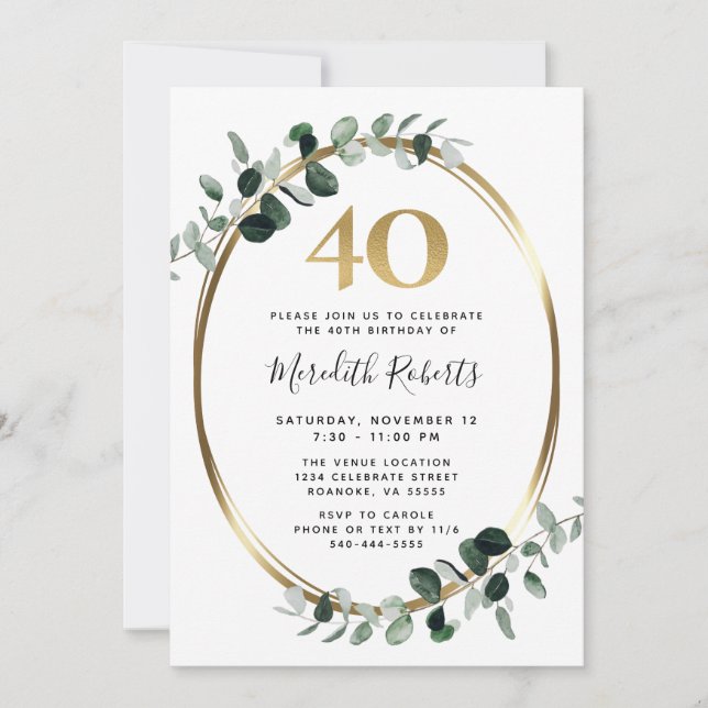 Invitation 40e anniversaire Eucalyptus Gold Metallic Party (Devant)