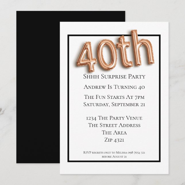 Invitation 40e anniversaire Faux 3d Gold Balloon Police (Devant / Derrière)