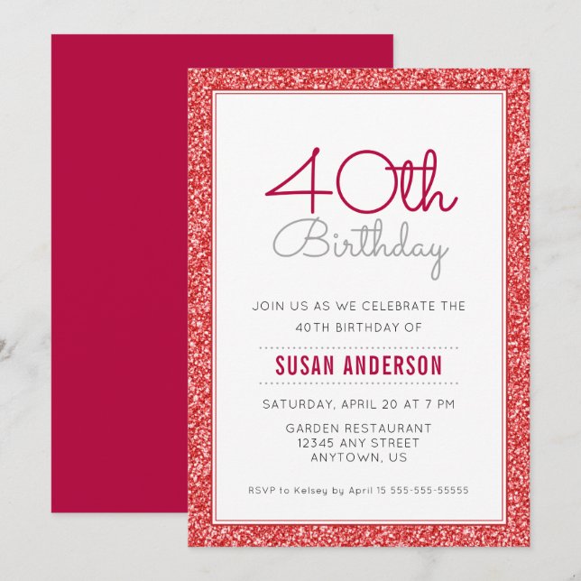 Invitation 40e anniversaire Faux Parties scintillant rouge (Devant / Derrière)