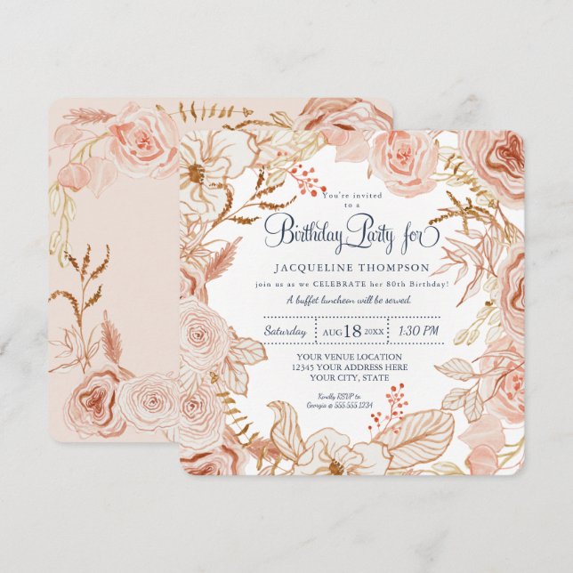 Invitation 40e anniversaire Fête de l'eau rose pâle Floral (Devant / Derrière)