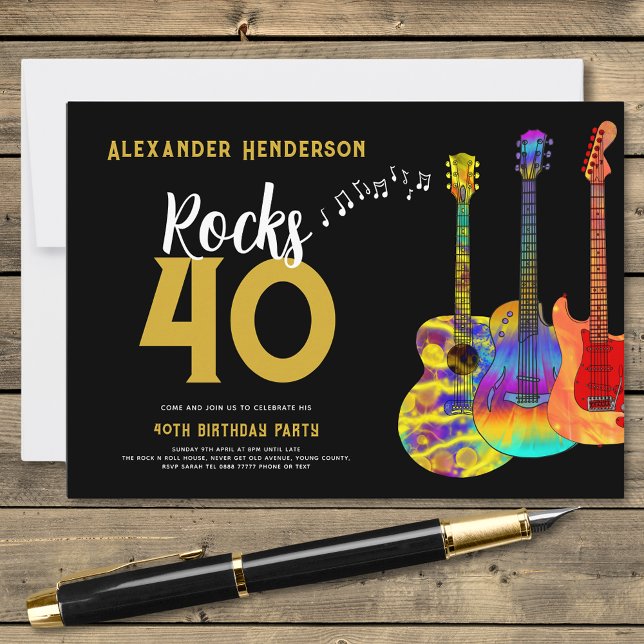 Invitation 40e Anniversaire Fête Musique Guitare Rocks 40 (Rock and roll 40th birthday party black and gold invitation with name rock 40 and colorful guitars)