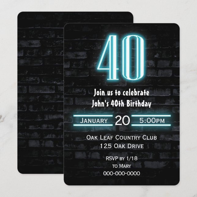 Invitation 40e Anniversaire fête néon Connexion en brique (Devant / Derrière)