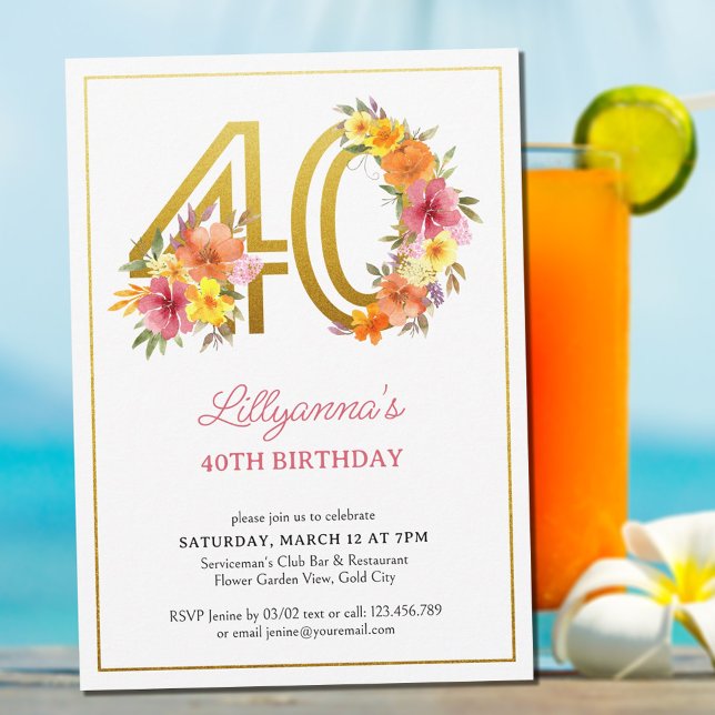 Invitation 40e anniversaire fête Plutôt Floral Gold Numéro 40 (Créateur téléchargé)
