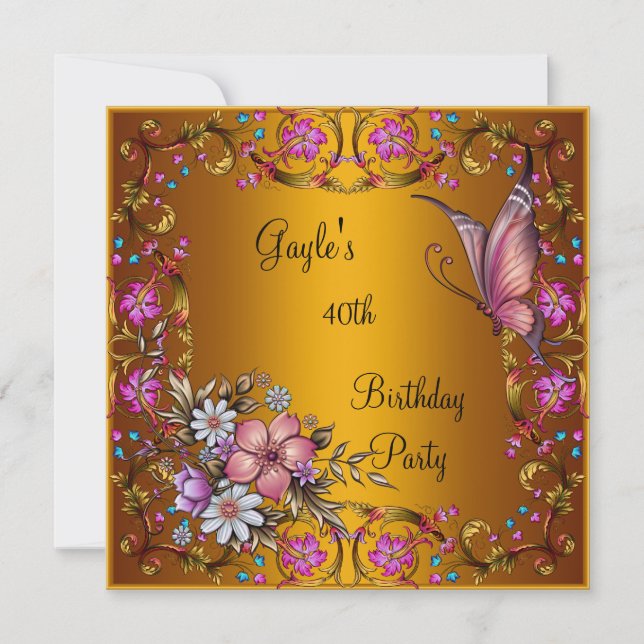 Invitation 40e anniversaire fête rose papillon floral or (Devant)