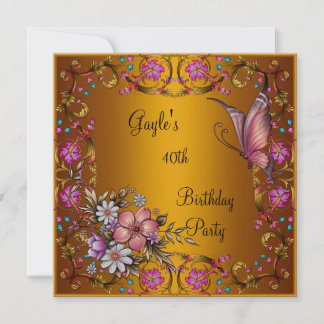 Invitation 40e anniversaire fête rose papillon floral or