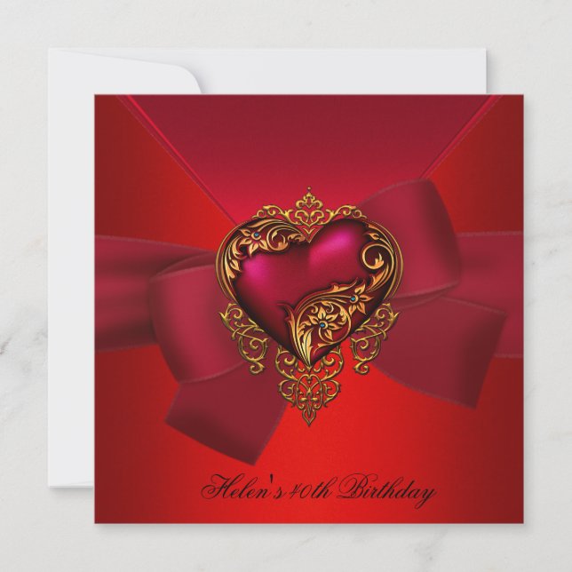 Invitation 40e anniversaire fête Rouge Coeur rose bijou en or (Devant)