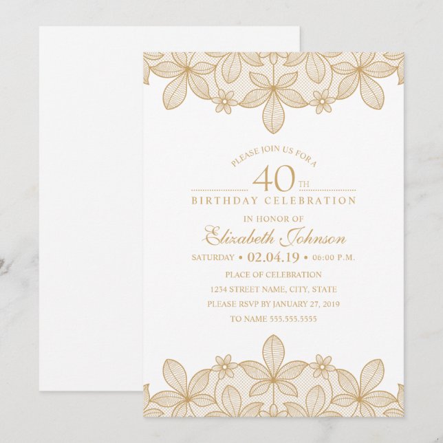 Invitation 40e anniversaire fête unique dentelle d'or (Devant / Derrière)
