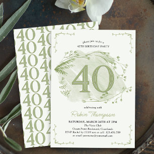 Invitation 40e Anniversaire Fleur Sauvage Verte Discrète Numé