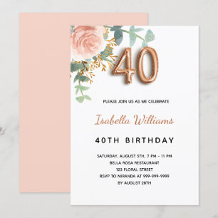 Invitation 40e anniversaire fleurie rose or eucalyptus vert