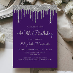 Invitation 40e anniversaire Glamour Violet Paillettes Argenté