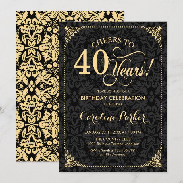 Invitation 40e anniversaire - Gold Black Damask (Devant / Derrière)