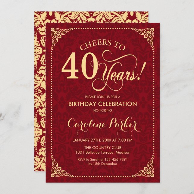 Invitation 40e anniversaire - Gold Red Damask (Devant / Derrière)