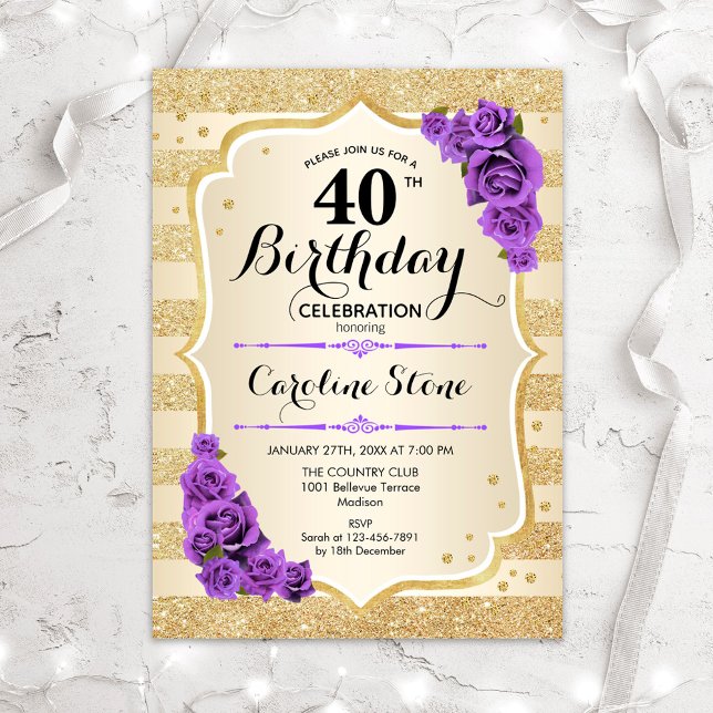 Invitation 40e anniversaire - Gold Stripes Roses violets (Créateur téléchargé)