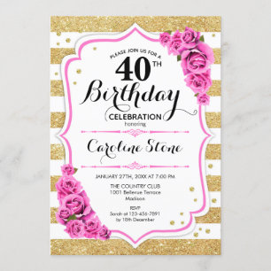 Invitation 40e anniversaire - Gold White Stripes rose Roses