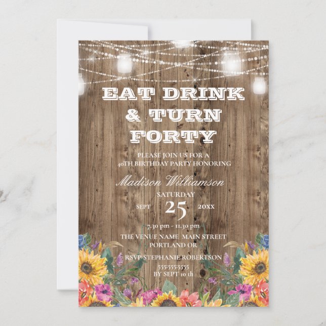 Invitation 40e anniversaire Grange Bois Mason Jar et tourneso (Devant)