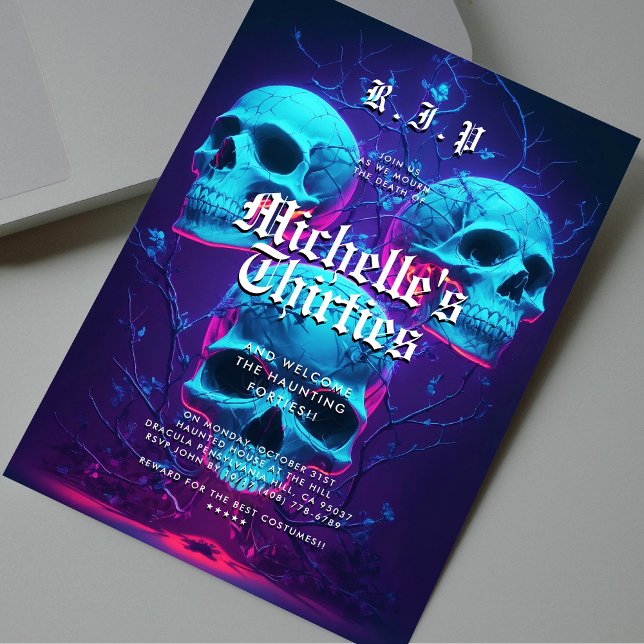 Invitation 40e anniversaire Halloween Party Neon Crâne modern (40th Halloween Birthday Party Neon Skull Modern Invitation
)