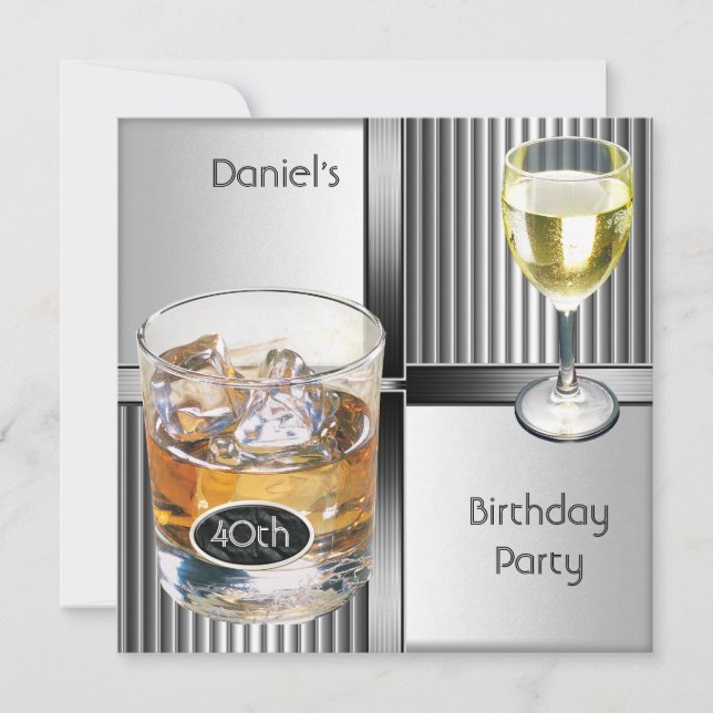 Invitation 40e anniversaire Hommes Boissons Métal Noir Argent (Devant)