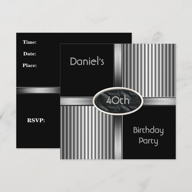 Invitation 40e anniversaire Hommes Fête Métal noir blanc arge (Devant / Derrière)