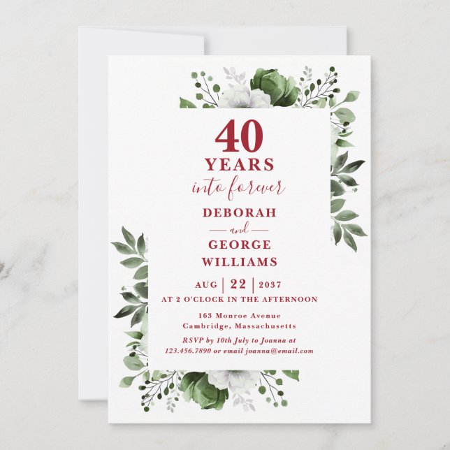 Invitation 40e anniversaire Mariage Verdure Floral Monogramme (Devant)