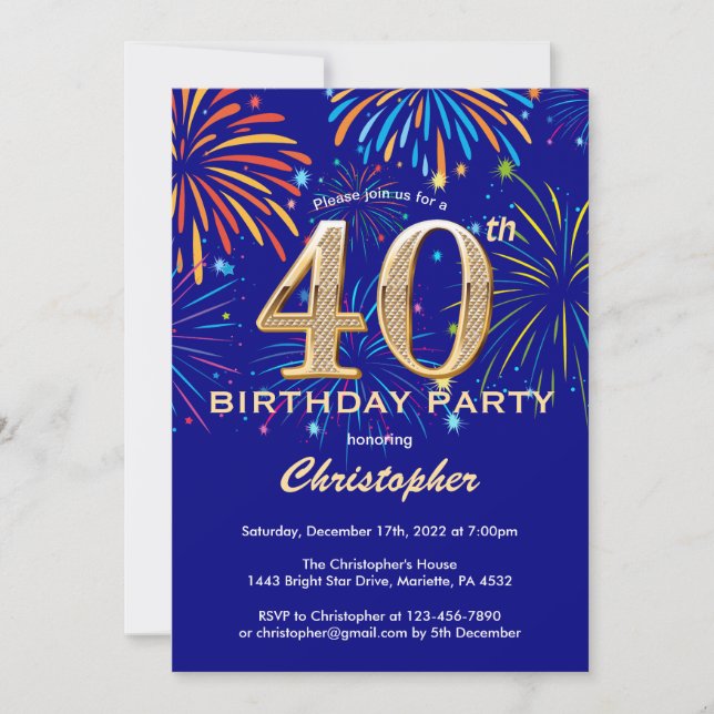 Invitation 40e anniversaire Marine Blue and Gold Rainbow Fire (Devant)