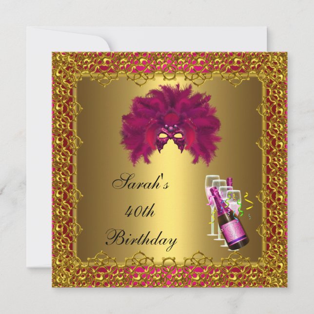 Invitation 40e Anniversaire Masque Rose Champagne Or Dentelle (Devant)