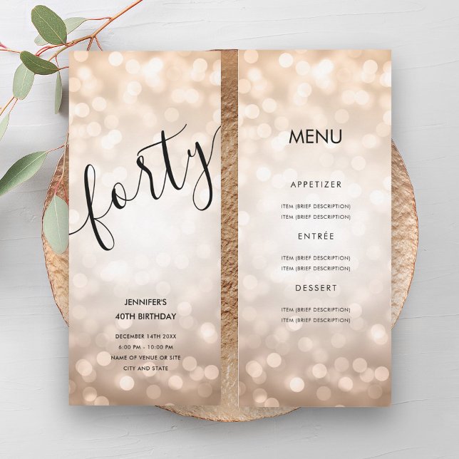 Invitation 40e anniversaire Menu Rose Gold Parties scintillan (40th Birthday Menu Rose Gold Glitter Lights Invitation)