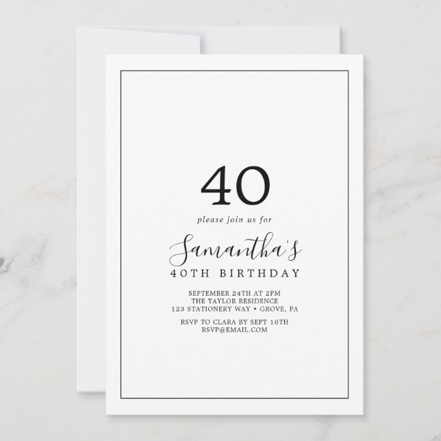 Invitation 40e anniversaire minimaliste (Devant)