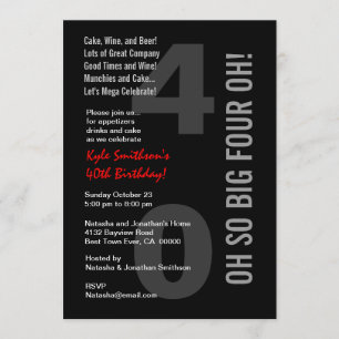 Invitation 40e anniversaire moderne Black White Red FOUR OH!