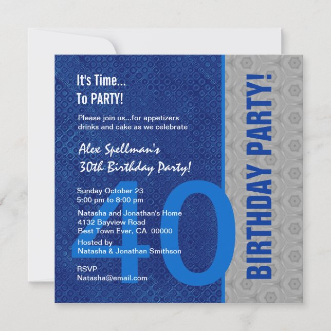 Invitation 40e anniversaire Moderne Bleu et Argent S301 (Devant)