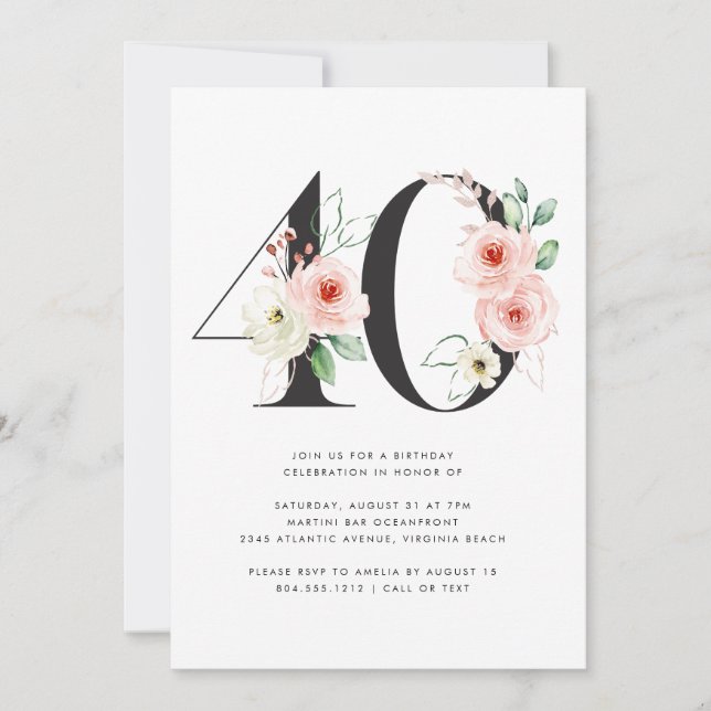 Invitation 40e anniversaire Moderne Floral Rose Gold Green (Devant)
