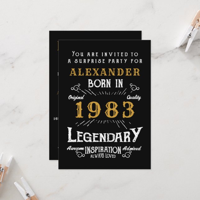 Invitation 40e anniversaire Né 1983 Black Gold Retro (Devant/Arrière en situation)
