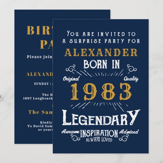 Invitation 40e anniversaire Né 1983 Blue Gold Retro Legend (Devant / Derrière)