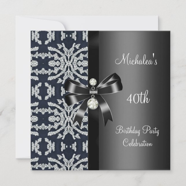 Invitation 40e anniversaire Noir Blanc Argent Floral Bijou Bo (Devant)