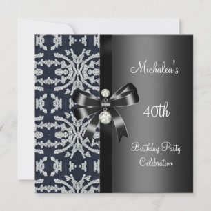 Invitation 40e anniversaire Noir Blanc Argent Floral Bijou Bo