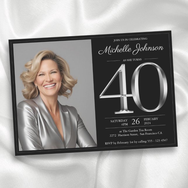 Invitation 40e anniversaire noir et argent (Black and Silver 40th Birthday Invitation)