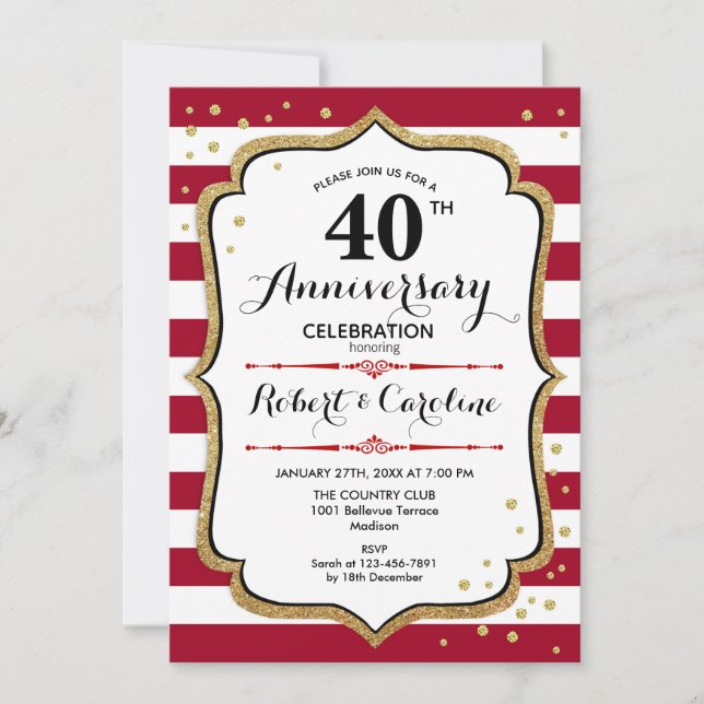 Invitation 40e anniversaire - Or blanc rouge rubis (Devant)
