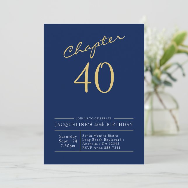 Invitation 40e Anniversaire Or Script moderne bleu (Debout devant)