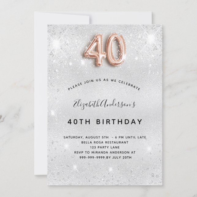 Invitation 40e anniversaire parties scintillant or argent (Devant)