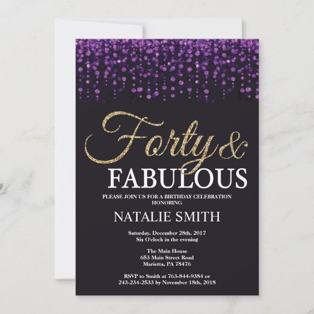 Invitation 40e anniversaire Parties scintillant violet et or (Devant)