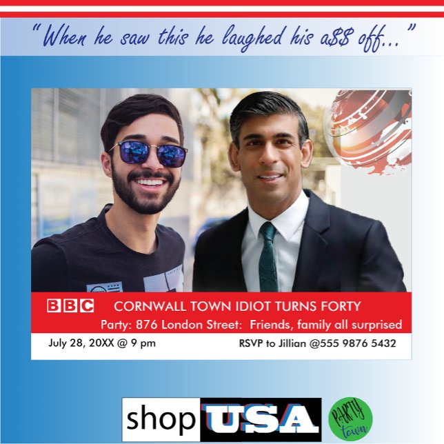 Invitation 40e anniversaire personnalisé pour hommes UK Fake  (village idiot turns 40)