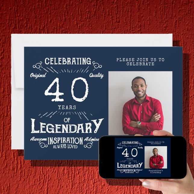 Invitation 40e anniversaire Photo Blue Vintage (Créateur téléchargé)