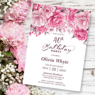 Invitation 40e anniversaire Pink Floral Party