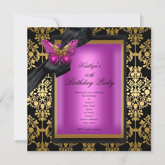 Invitation 40e Anniversaire Pink Gold Damask Papillon (Devant)