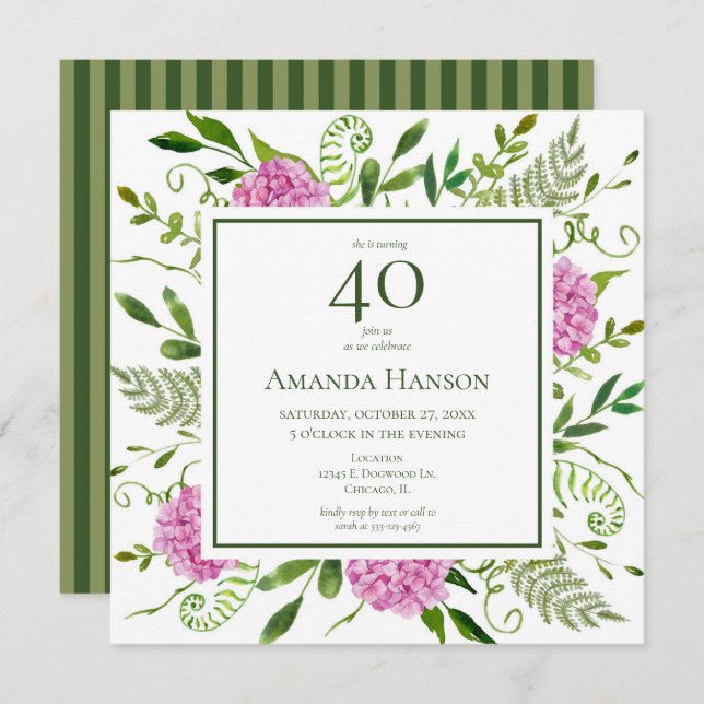 Invitation 40e anniversaire Pink Hydrangeas (Devant / Derrière)