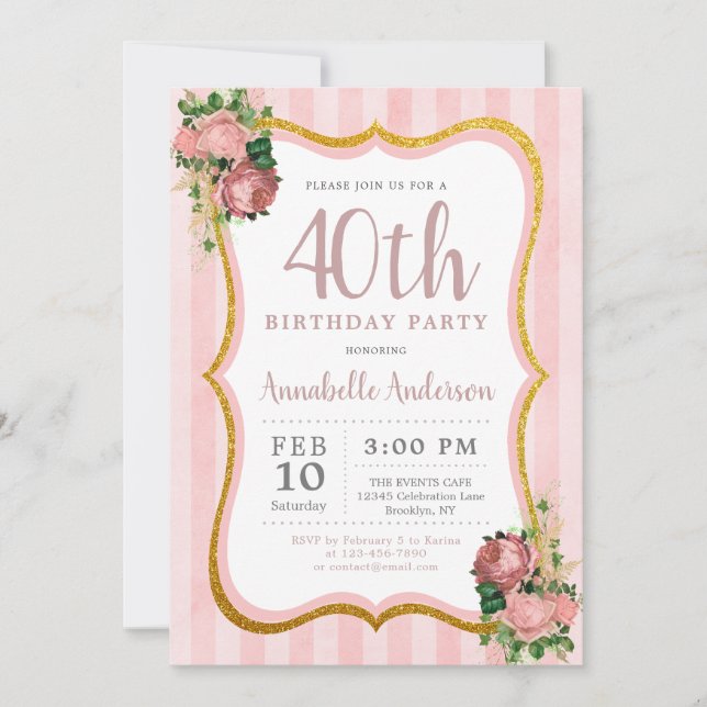 Invitation 40e anniversaire Pink Stripe Floral Gold Parties s (Devant)