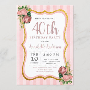 Invitation 40e anniversaire Pink Stripe Floral Gold Parties s