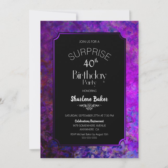 Invitation 40e anniversaire Purple et Black Surprise Party (Devant)