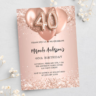 Invitation 40e anniversaire rose ballons d'or luxe